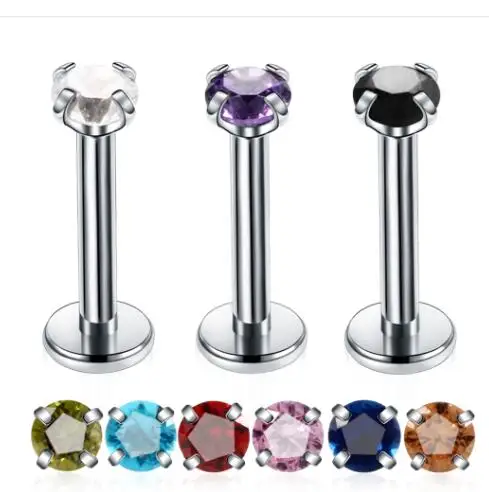 

1PC New Steel Prong Set Round Crystal Zircon Colorful Labret Stud Lip Rings Ear Cartilage Tragus Piercing Sexy Girls Jewelry 16g