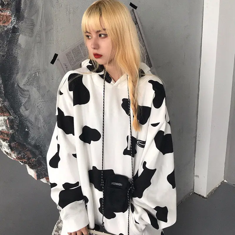 

Hoodies Kawaii Cute Cow Print Streetwear Women Oversize Aesthetic Clothes Pullover Korean Fashion Casual Loose Hoodie, Blue yellow white gray