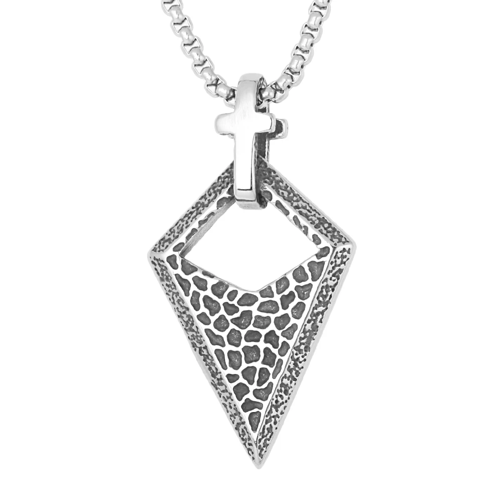 

Hot Selling Vintage Geometric Spear Cone Necklace Stainless Steel Hollow Triangle Arrowhead Cross Charm Pendant