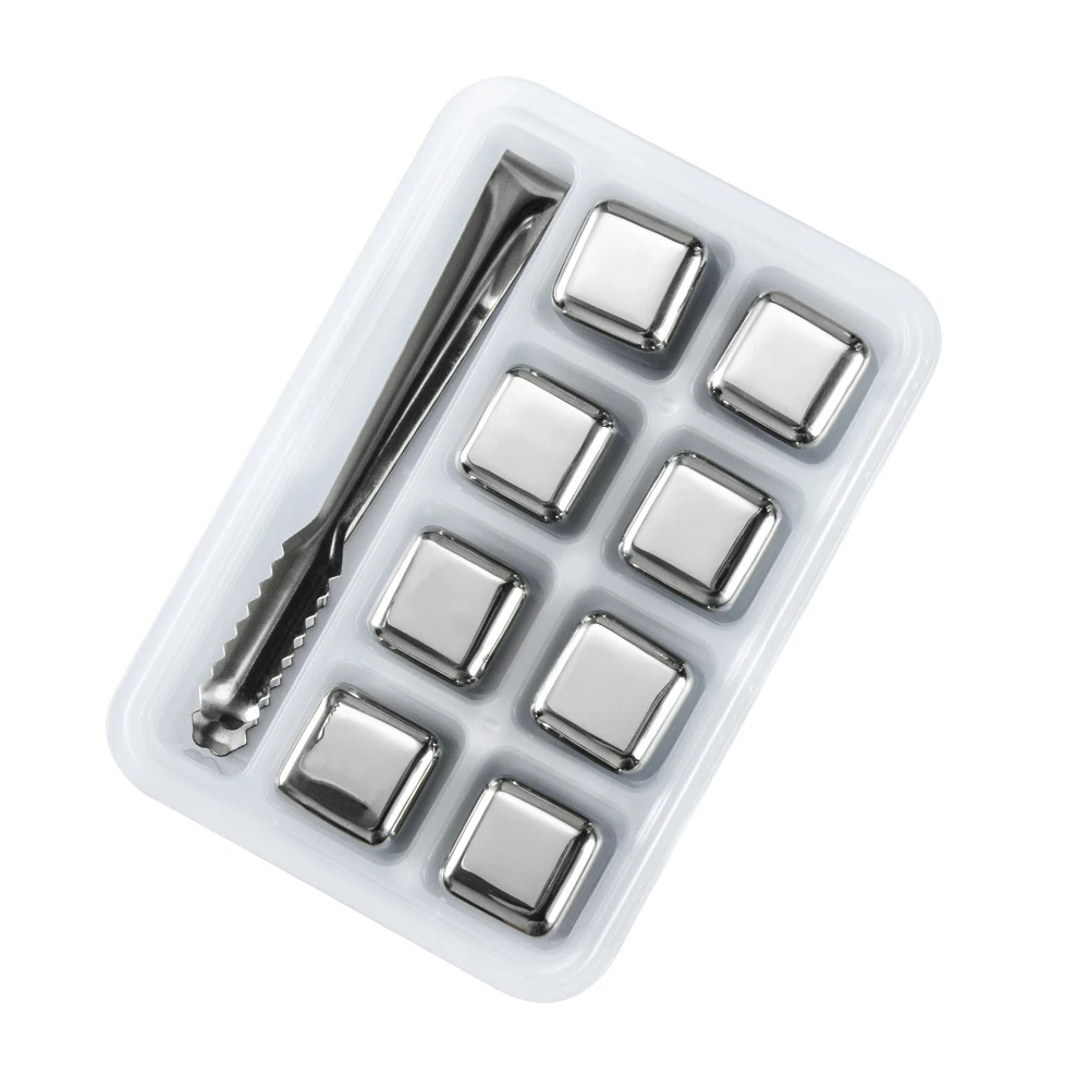 

Party Restaurant Bar Whiskey Stone Cubes 8 Pieces Freezing Reusable Stainless Steel Ice Cube With Tongs And Storage Tray