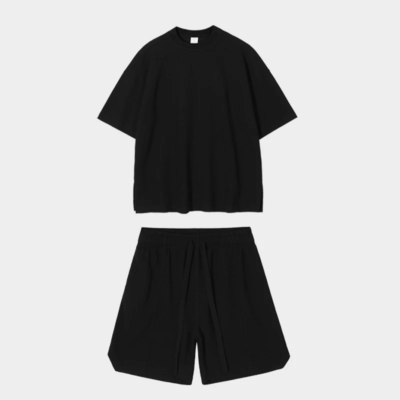 

New Arrivals Custom Logo Breathable Waffle Round Neck Blank Two Piece Summer Shirt and Short Set for Men