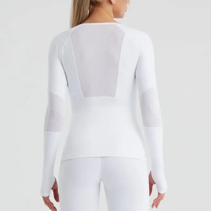 

OEM Wholesale Top Quality Women Long Sleeve Compression Workout Shirts White Back Net Mesh Yoga Tops, Customized colors