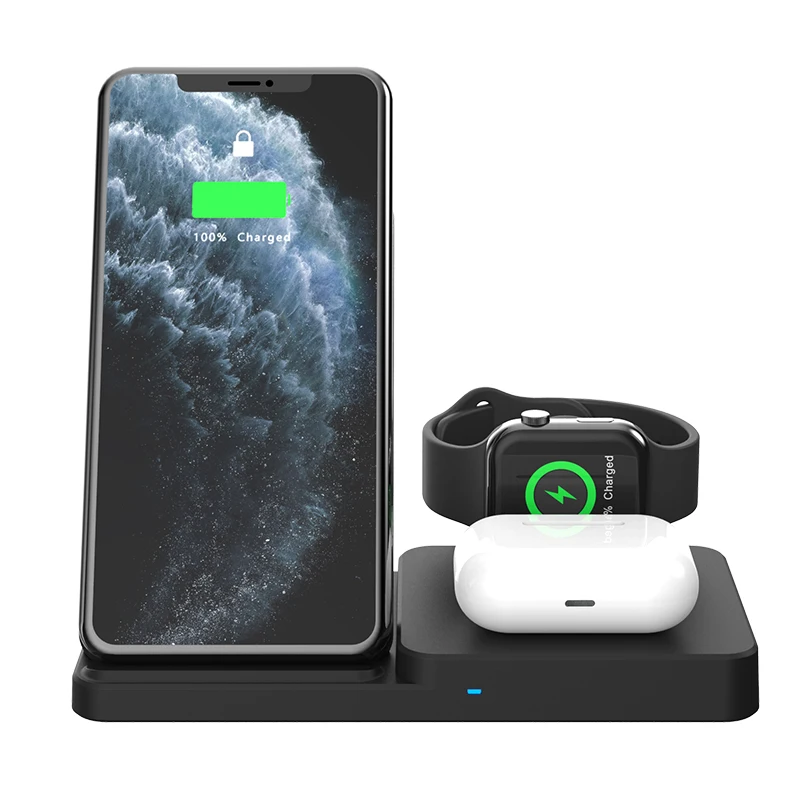 

3 in 1 Wireless Fast Charging Foldable Wireless Charger Mobile Phone Holder Tablet Stand Multi Function Headset Watch Charger, Black