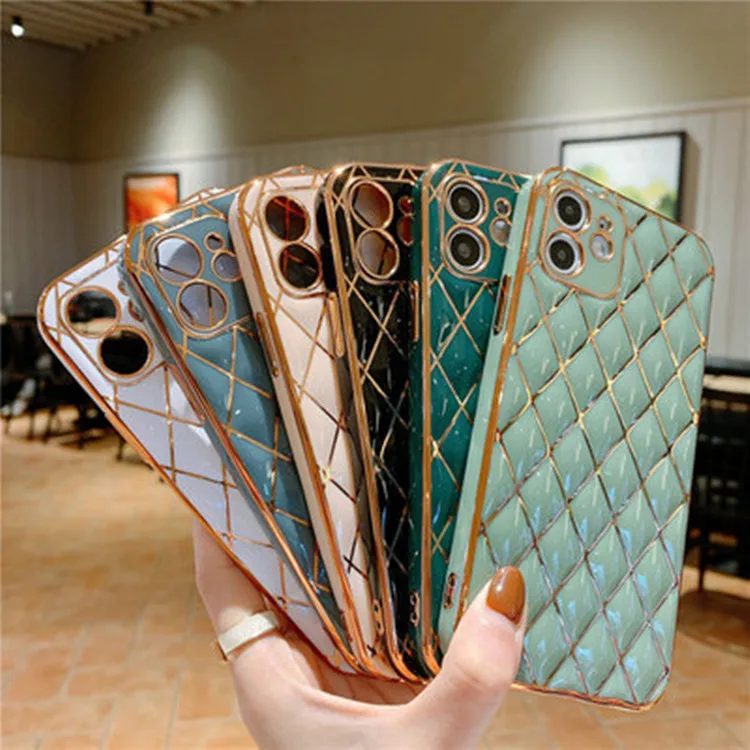 

the best-selling shiny grid plating TPU geometric leather case luxury phone case for iphone12 6 7 8 11 net format plating, 5 colors