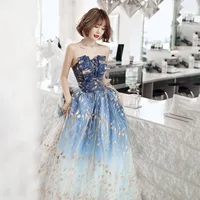 

Blue and Gold Elsa Evening Dresses Asymmetrical Strapless A-Line Prom Dress Womens Special Occasion Party Gown 2019