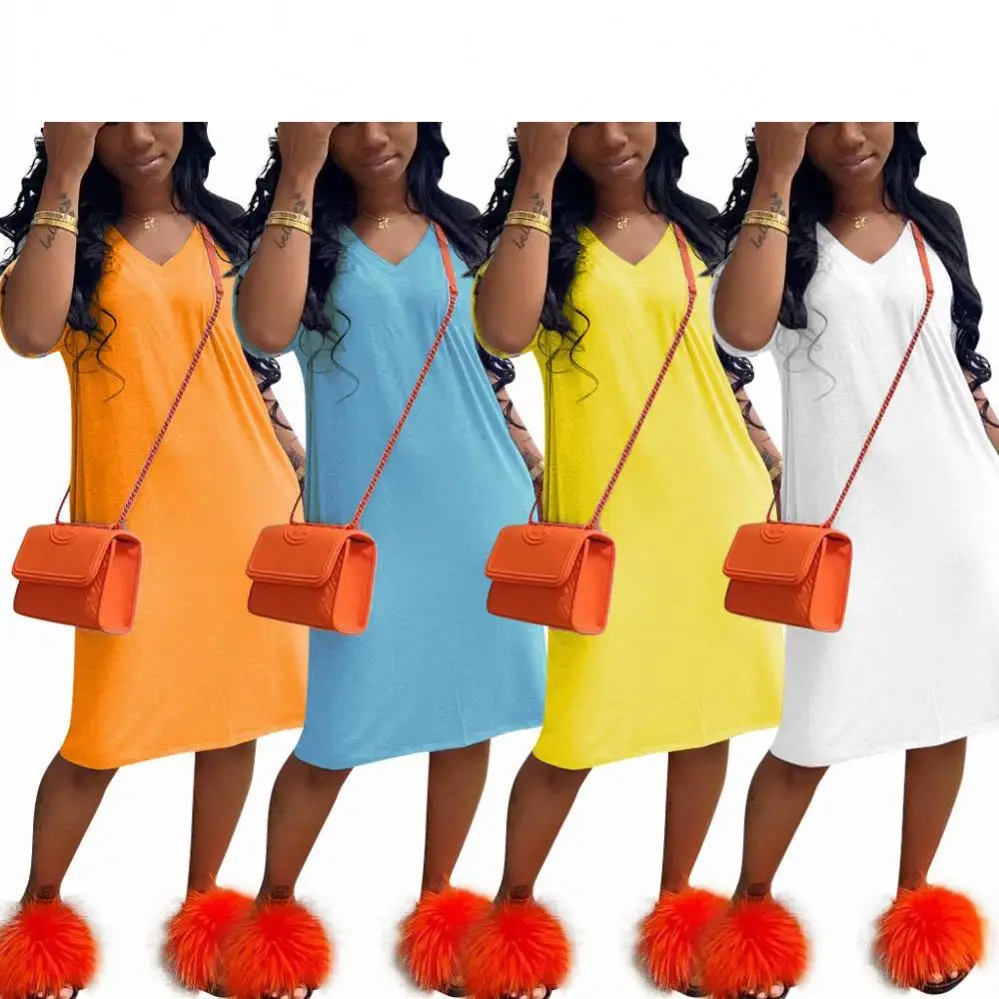 

New Style Summer Cotton Korean Plain Woman Clothing Loose Shirt Midi Dress