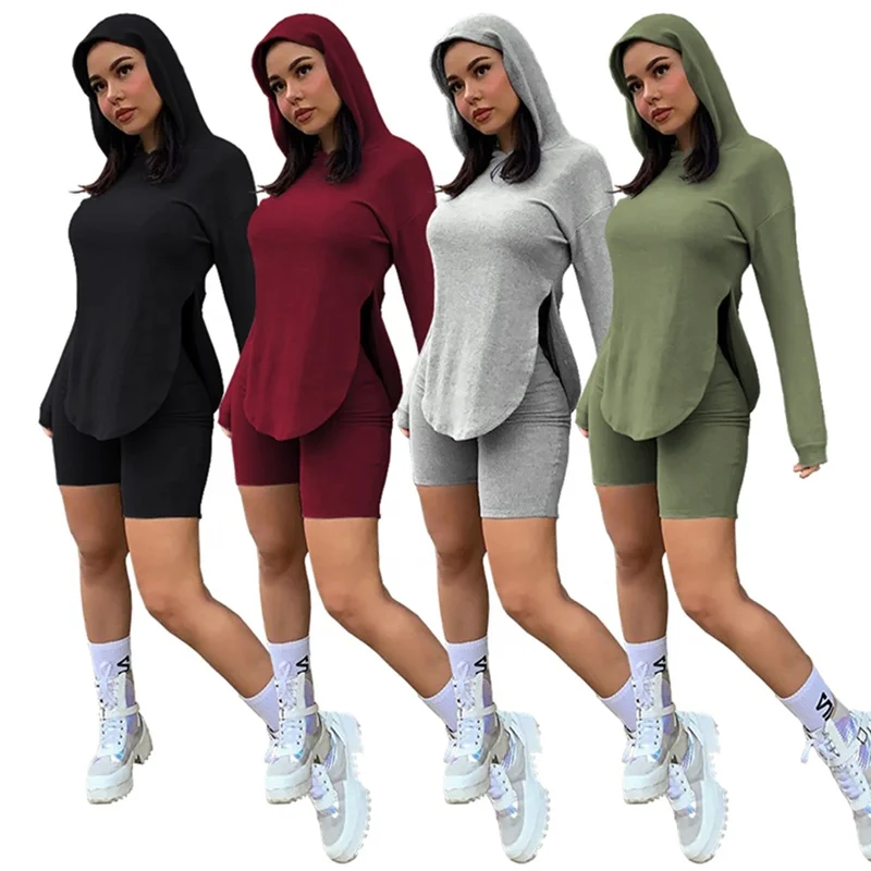 

2021 Fashion Solid Color Side Split Women 2 Piece Hoodie Sweatshirt And Biker Shorts Set