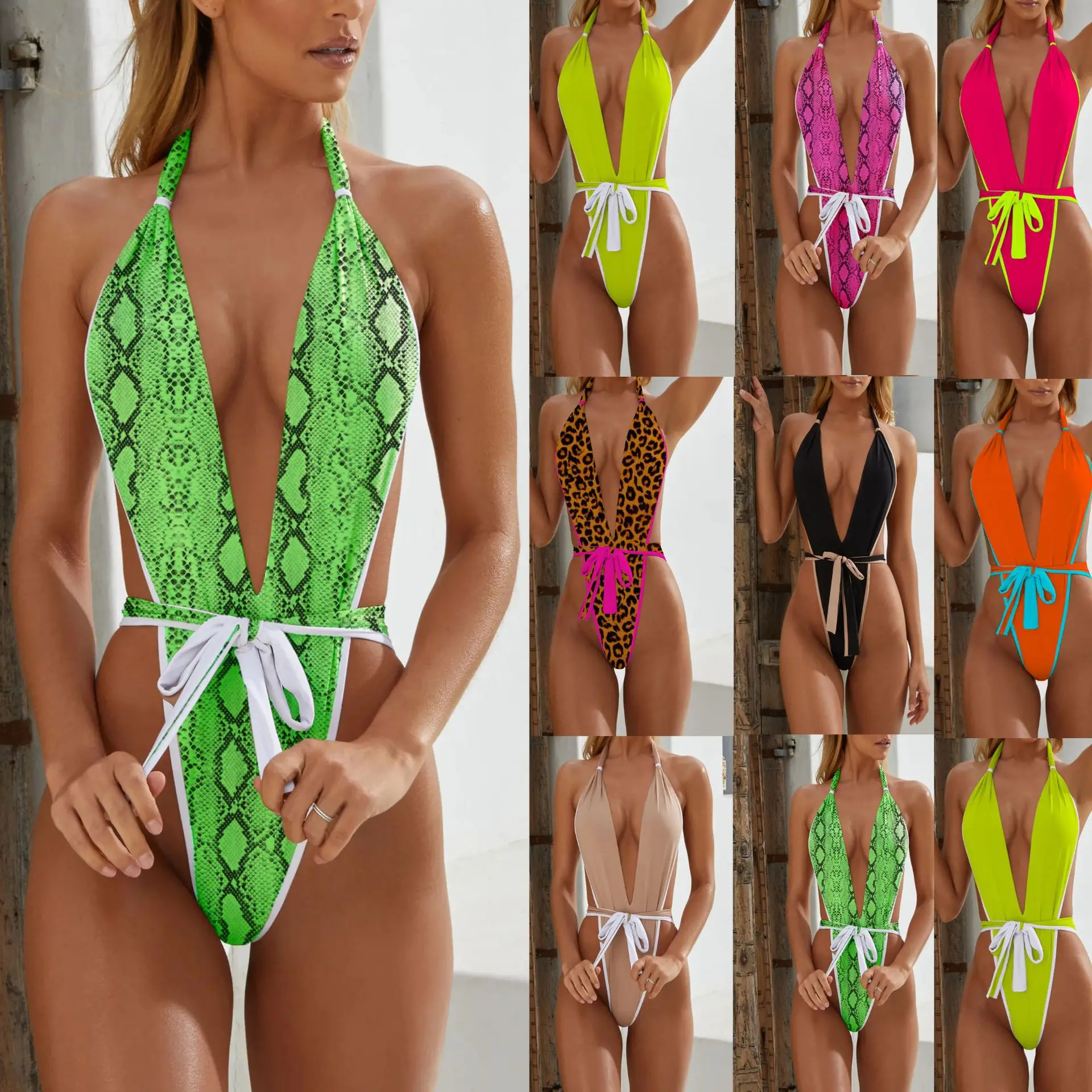 

2021 Sexy Ladies Bikini Solid Color One Piece Swimsuit Tube Top High Waist conjoined bandage bikini swimsuit edge Swimwear