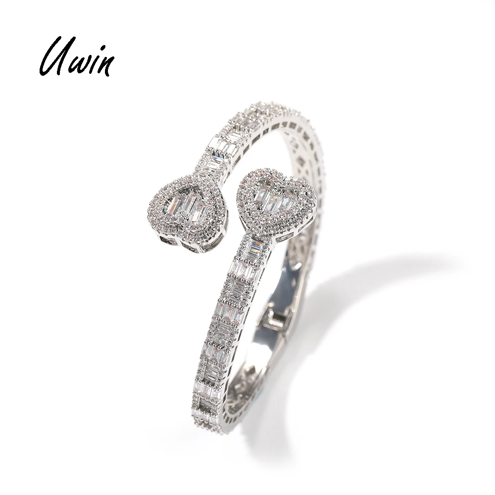 

UWIN 2022 Full Iced Out Bling Heart Baguette CZ Bangle Adjustable Bracelet Bangle Hip Hop Women Jewelry, Gold and silver color