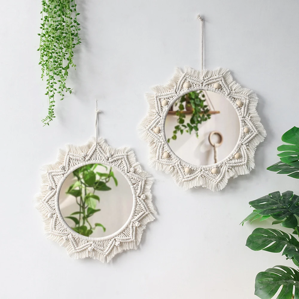 

Artilady Macrame Decorative Wall Mirrors Round Mirror For Home Room Decor Makeup Aesthetic Apartment Living Room Bedroom Gift, As picture
