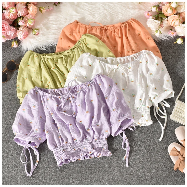

DD2142 New 2021 Korean Design Elastic Short Design Floral Print Crop Top Short Blouse Women Clothing Wholesale