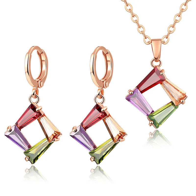 

Colorful dubai cheap bridal Rosegold plated zircon necklace and earrings jewelry set