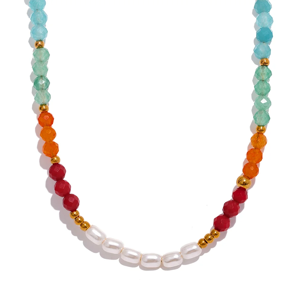 

JINYOU 1056 Exquisite Natural Stone Japan Artificial Pearl Beads Chain Stainless Steel Collar Colorful Necklace Fashion Women