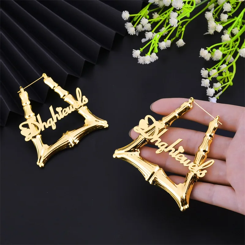 

Custom 9CM Big Circle Bamboo Earrings Large Round Gold Bamboo Hoop stainless steel earrings, Gold, silver, rose gold