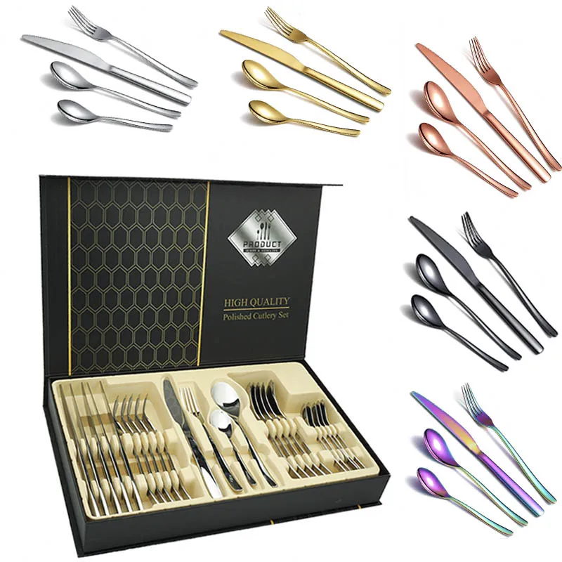 

Wholesale 24pcs Flatware Set Custom Metal Stainless Steel Cutlery Set Knife and Fork Spoon Teaspoon Set with Gift Box