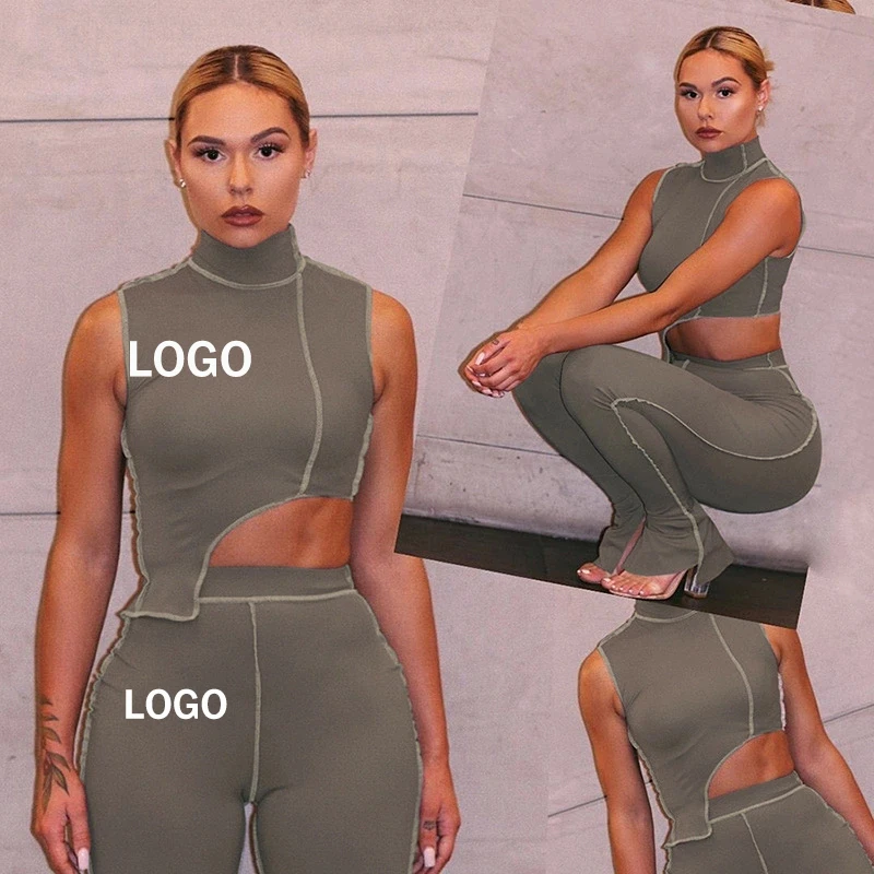 

Wholesale 2021 New Fashion 2 Piece Set Women Clothing Cut Out Top Stacked Flare Pants High Waist Grey Set 2020