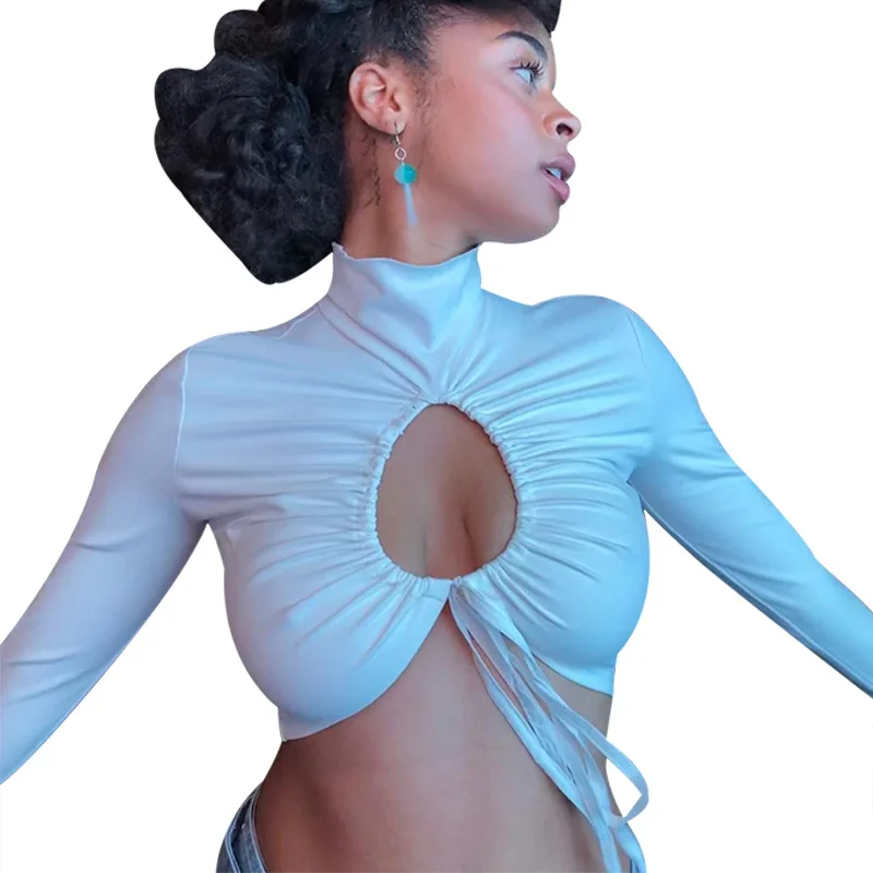 

GB01B61 Sexy Open Navel High Neck Drawstring Tie Long Sleeve Blouse Simple Top for Women Party Wear Cheap