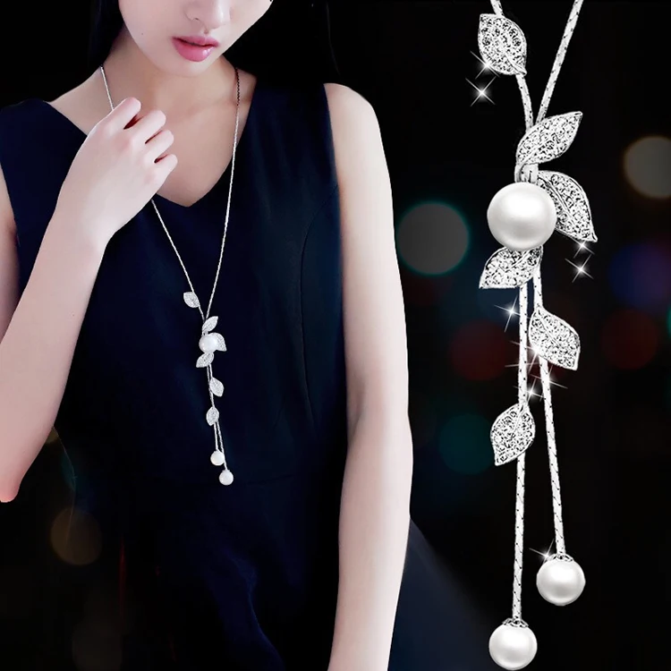 

Hot Chain Women Jewelry Pendant Flowers Multilayer Tassel Pearl Crystal Leaves Sweater Chain Necklace