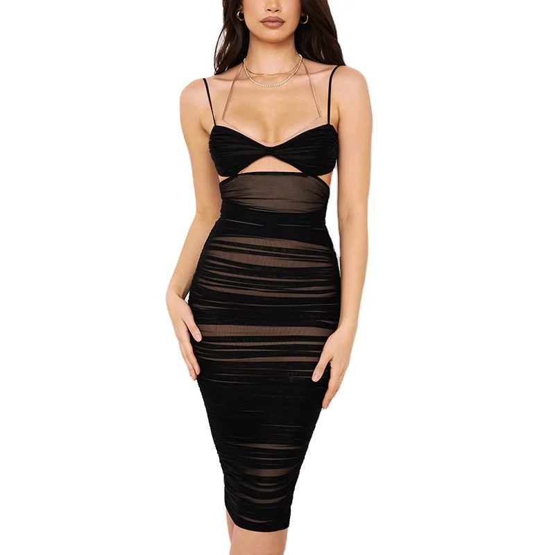 

Hot Selling Womens Maxi Dress Black Mesh Stitching Halter Strap Sleeveless Hollow Bodycon Black Dresses Elegant Women New 2021