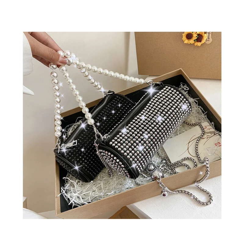 

Pearl chain full diamond oval shoulder bag luxury famous brand handbag and purses, Multicolor