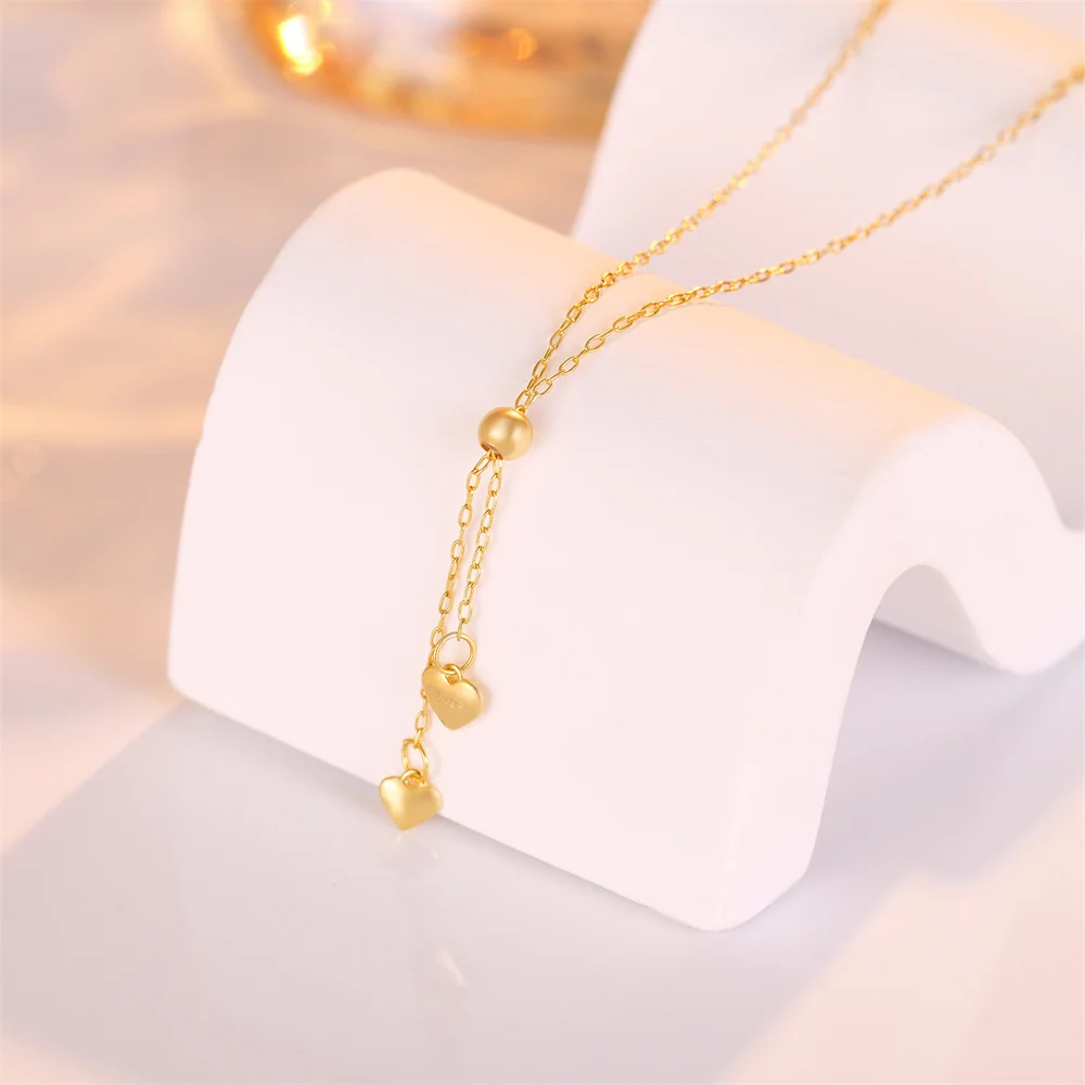 NEW Fashion High Quality Jewelry 925 Sterling Silver Dangling Two Heart Shape Gold Plated Clavicle Necklace Jewelry for Women