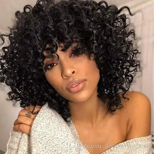 

Short bob Afro Kinky Curly Human Wig with bang fringe Pre Plucked hd lace Remy Mongolian Human Hair Wigs 150%density