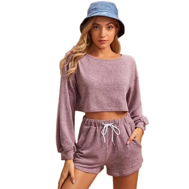Most popular shein around collar solid soft cotton spandex Jersery  Crop Top and  pants causal Set