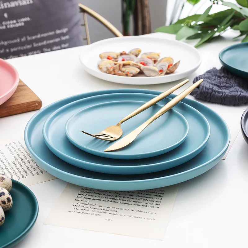 

matte black blue pink round elegant porcelain ceramic steak charger dinner dining plates dish for wedding, As picture