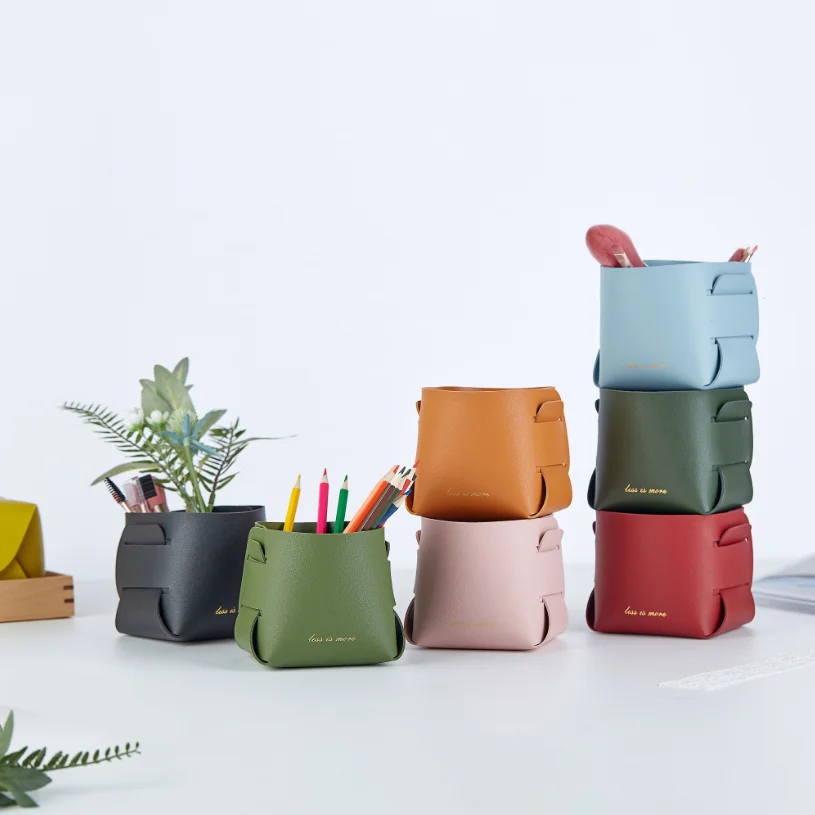 

Elegant New Simple Nordic Leather Key Storage Box PU Desktop Cosmetic Sundries Organiser Basket Creative Foldable Pen Holder, Wine red green pink grey/ customized colors