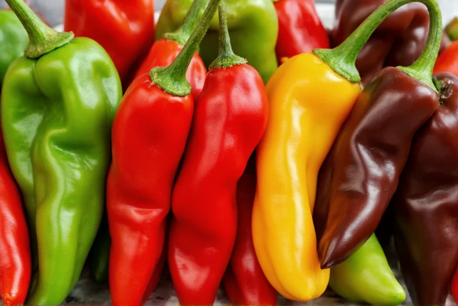 Close-up view of various habanero pepper varieties showing color differences from green to red to chocolate brown
