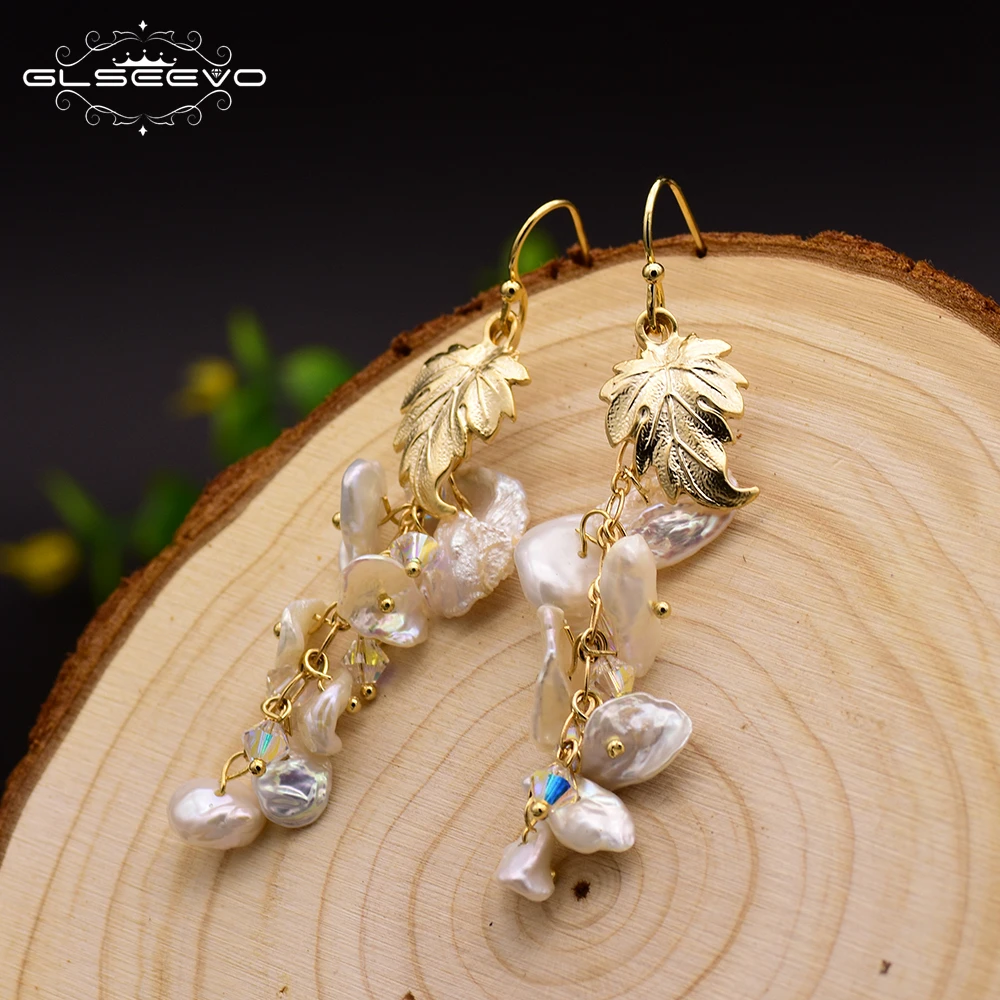 

New Natural Fresh Water Baroque Pearl Long Tassel Drop Earrings Plant Leaves Dangle Earring Handmade Fine Jewelry