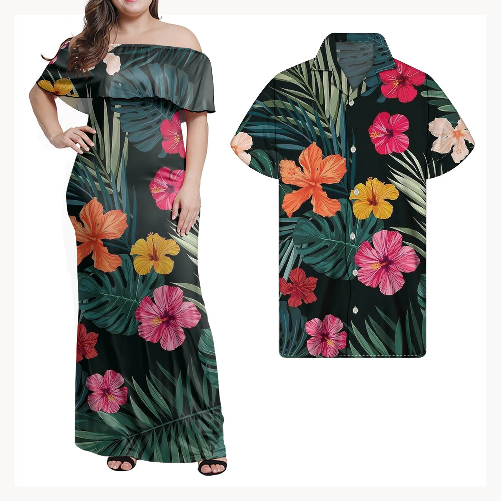 

Hawaiian Hibiscus Print Off Shoulder Wedding Long Dresses for Women Short Sleeve Casual Evening Cocktail Party Long Dress 2021, Customized color