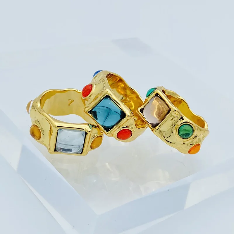 

Hot selling high quality fashion simple retro rough diamond color restoring ancient ways ring irregular design resin stone ring, Picture shows