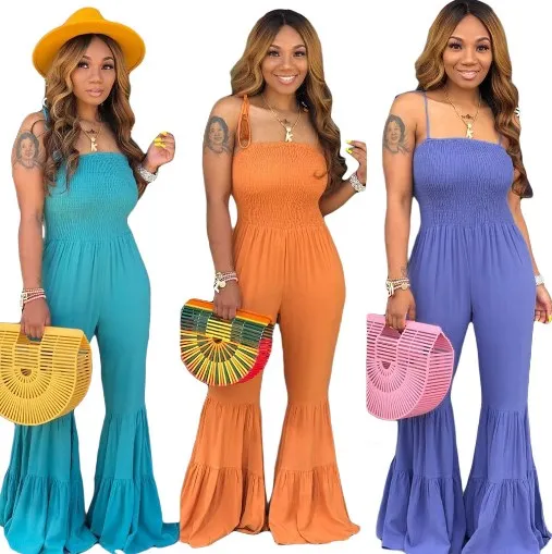 

Women clothing slip dress solid ruffles pants summer jumpsuits for women, 3 colors