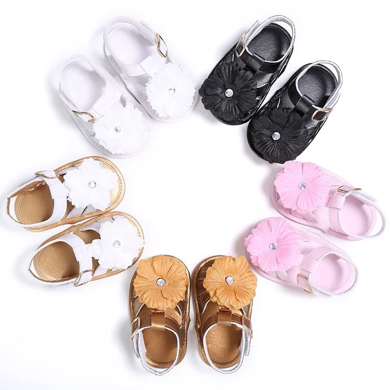 

Summer Sandals Beach Shoes Baby 0-18M Flower Solid Color PU Cute Girl Soft Sole Anti-slipping Infant Shoe Newborn Sandals