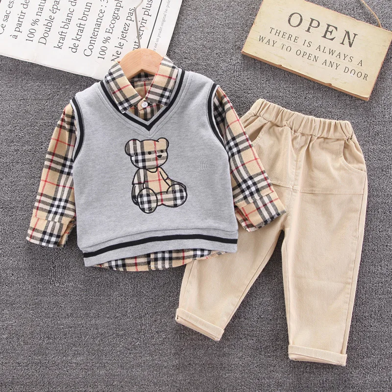 

Luxury brand clothes boys spring autumn British gentleman suit casual turn-down collar plaid set for kids