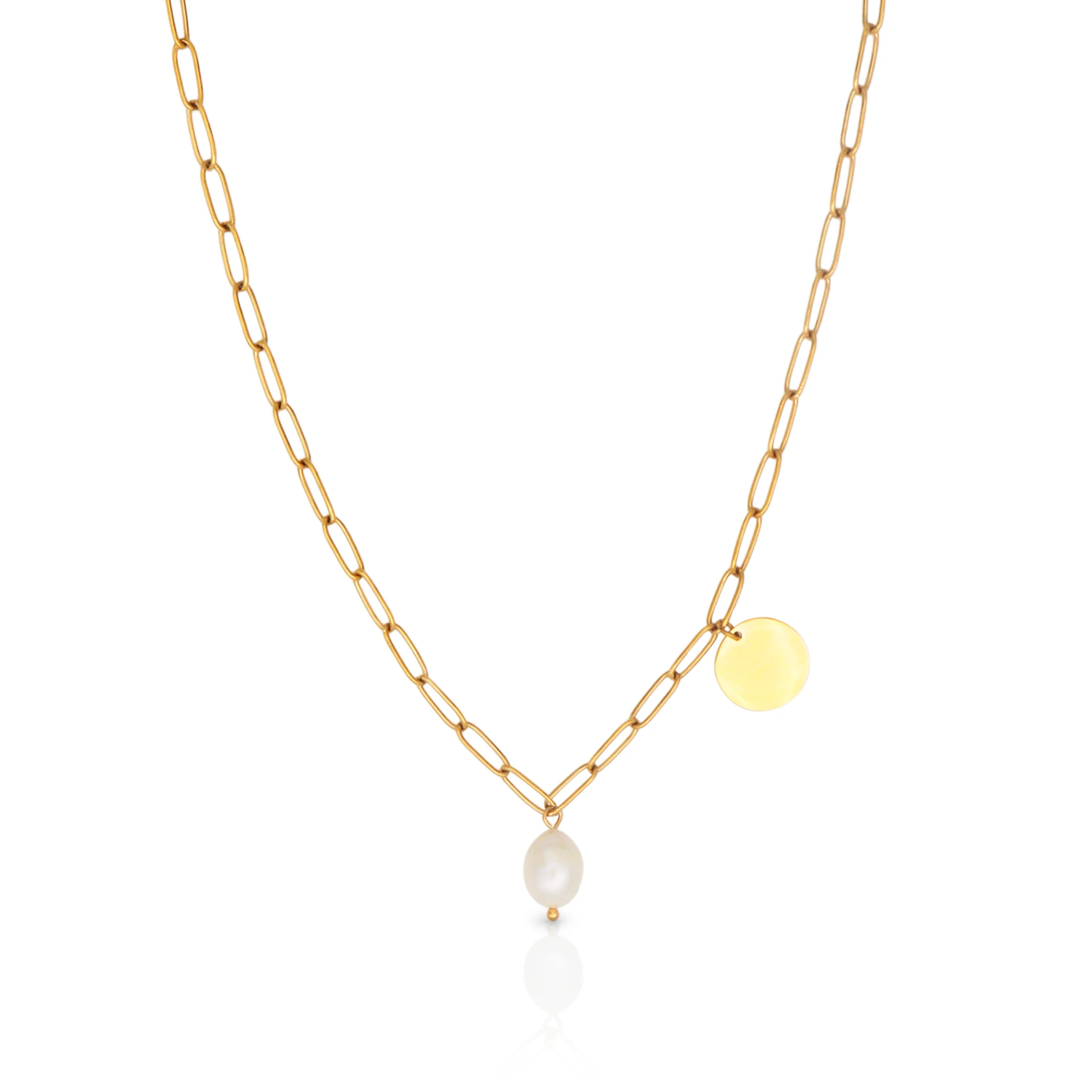 

Chris April fashion jewelry PVD gold plated 316L stainless steel cultured baroque pearl necklaces with engravable flake