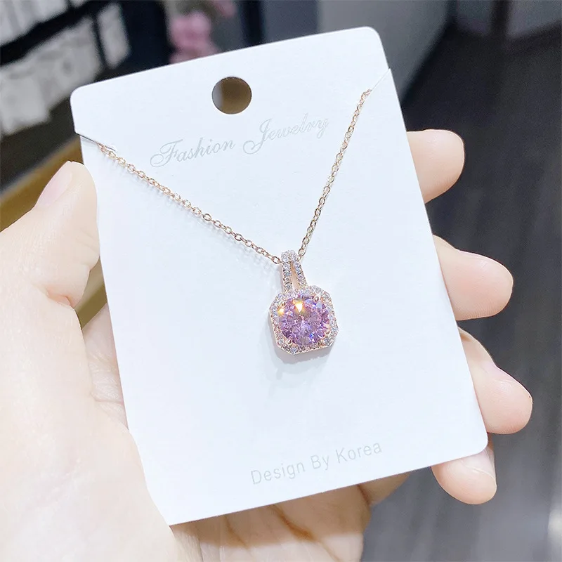 

XL88062 Fashion design gold plated brass women jewelry pink square zircon pendant necklaces