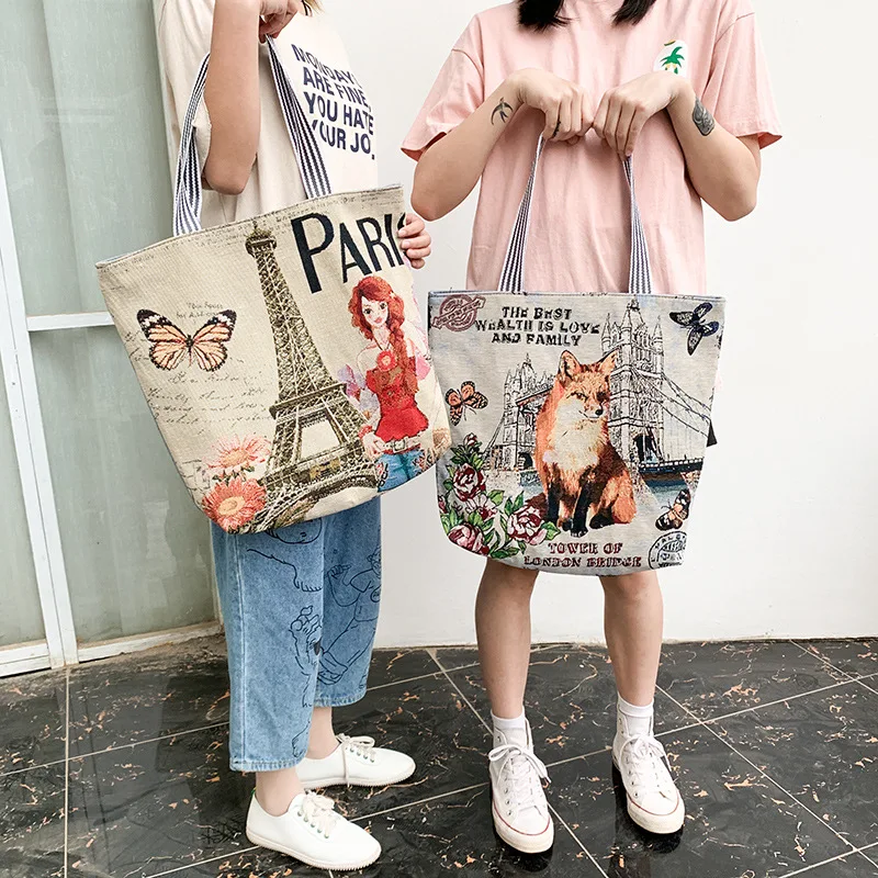 

Fresh Butterfly Printed Tote Bag For Women Linen Faric Ladies Outdoor Casual Tote Foldable Shopping Myanmar handbag