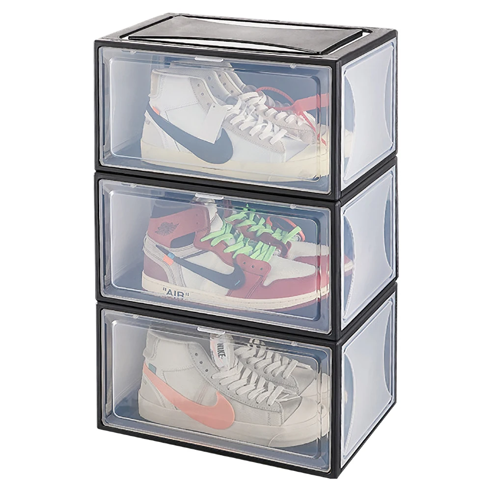 

Magnetic closing and opening shoes storage plastic box shoe boxes clear plastic stackable sneaker custom, White