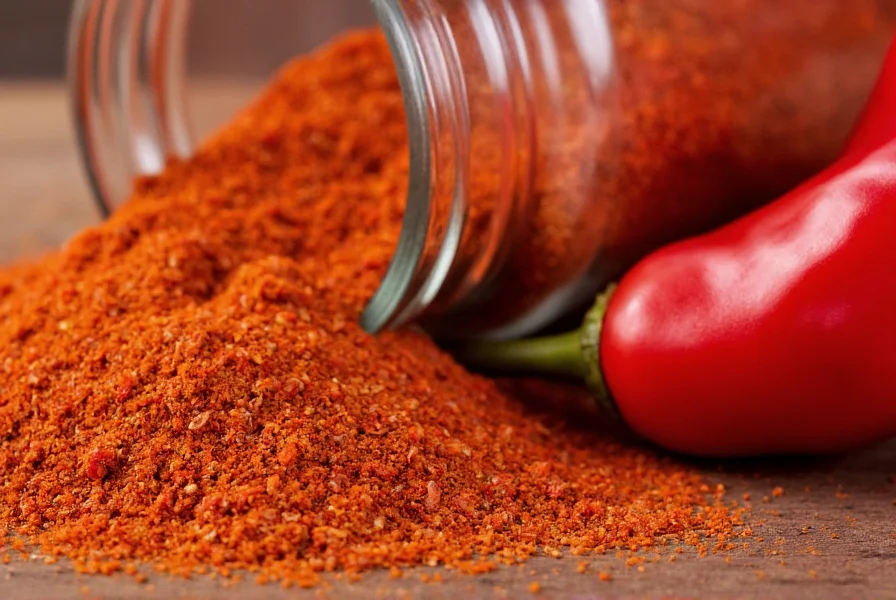 Close-up of ghost pepper seasoning in a spice jar next to fresh ghost peppers showing vibrant red color and texture