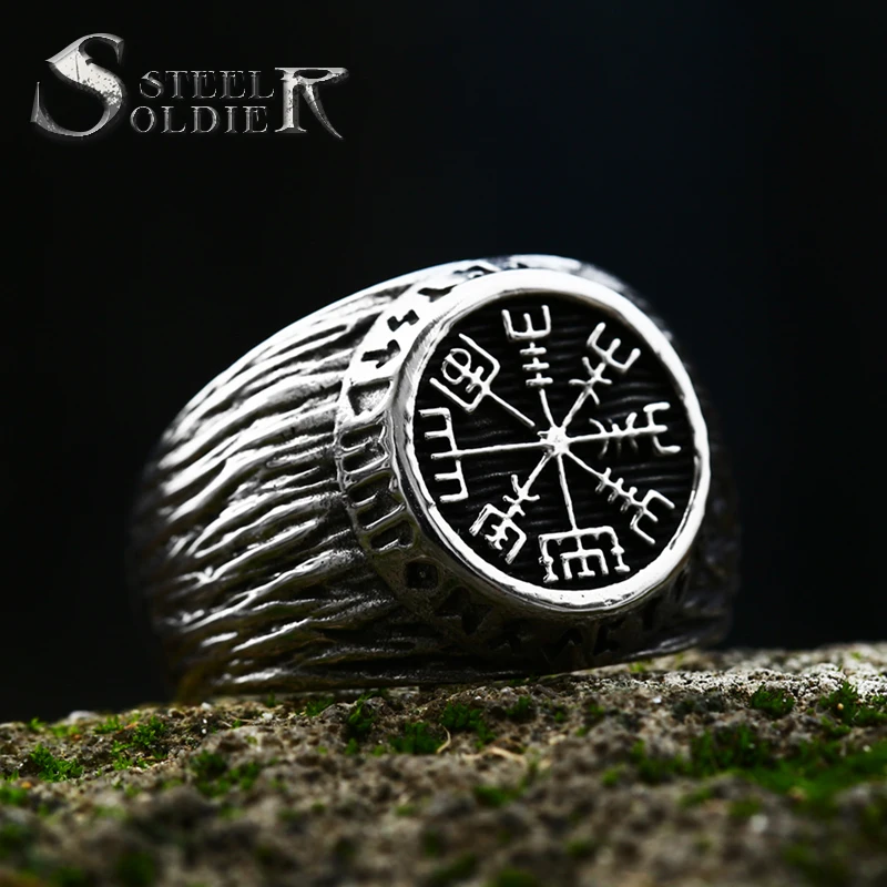 SS8-729R Steel Soldier Mythology Set Viking Amulet Rune Men Ring Compass Runic Totem Viking Odin Ring Wholesale