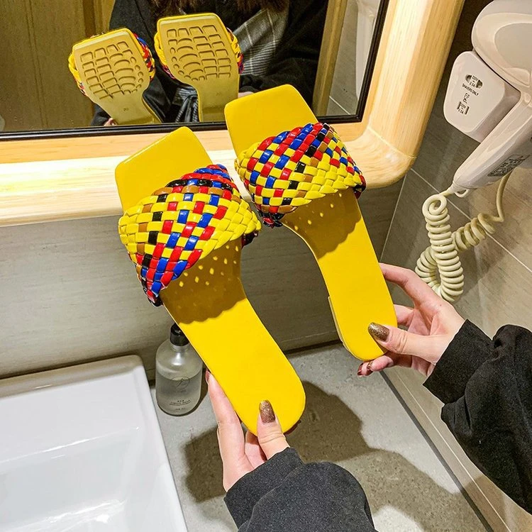 

LFJ-285 Wholesale Slippers Square Head Woman Slipper Fashion Weave Flat Slippers for Women