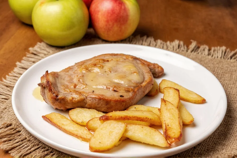 Apple slices next to pork chops on a wooden cutting board
