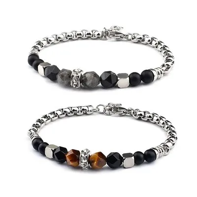 

Newest Stainless Steel Frosted Natural Stone Beads Bracelet Geometric Section Tiger Eye Beads Bracelet For Men