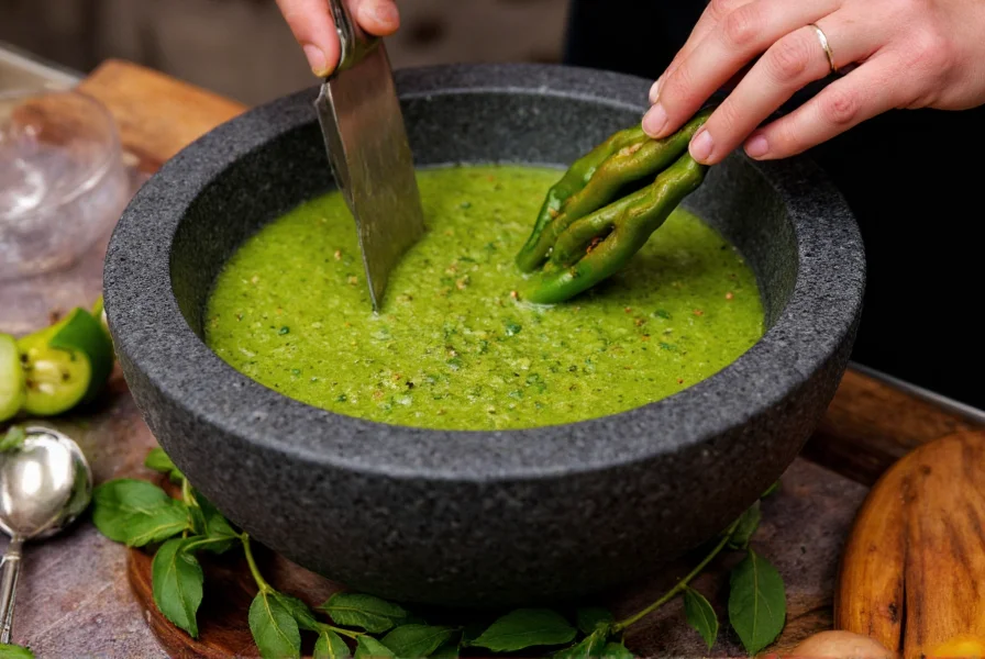 Traditional Mexican cook preparing chili verde sauce in molcajete with fresh tomatillos and green chilies