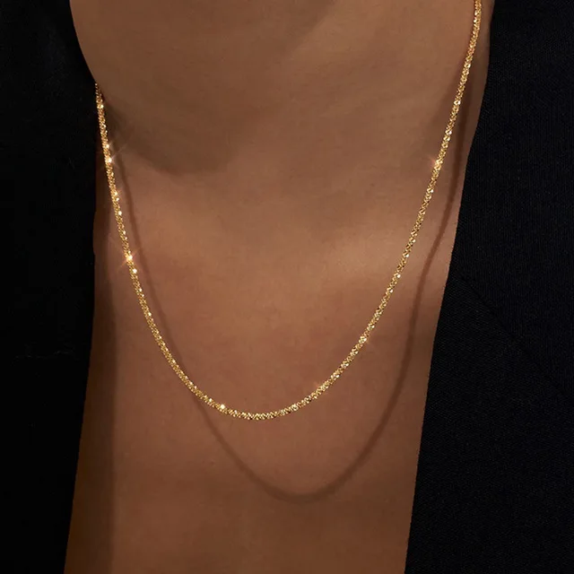 

2021 Simple Minimalist Design Gold Silver Flat Chain Necklaces Shiny Glossy Chain Necklace For Girls