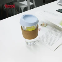 

Fscool Custom Eco Friendly 16oz Cork Sleeve Print Logo Mug Travel Reusable Glass Coffee Cup with Silicone Lid