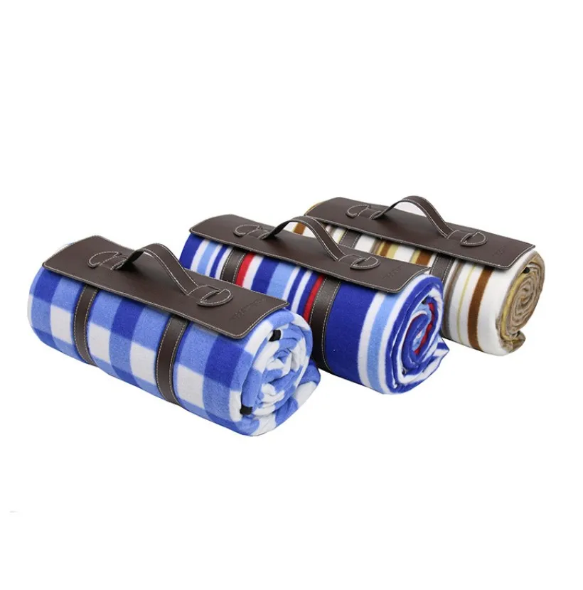 

polar Fleece Picnic throw Blanket Mat with Faux Leather Carrier Handles