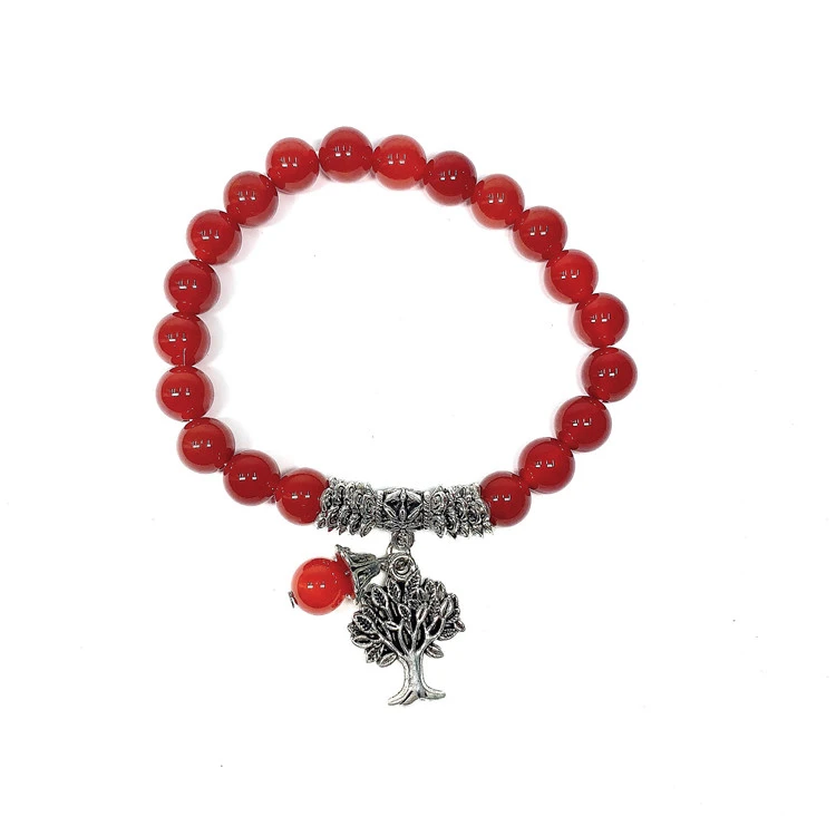 

Wholesale 8mm Round Smooth Red Agate Beads Bracelet with Life Tree Pendant Stone Bracelet, 100% natural color